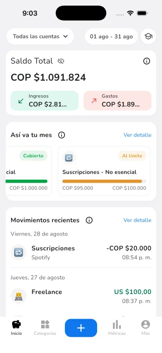 Pantalla de inicio de SaldoApp